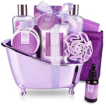 Bath Spa Basket Gift Set, Bath & Body Set for Women & Men,Lavender Scent, Includes Body Lotion, Shower Gel, Bath Salts, Bubble Bath, Bath Fizzers,Bath Oil, Loofah Back Scrubber, Bath Tub, 10 Pcs