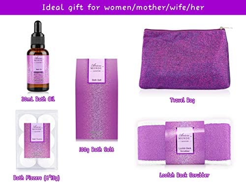 Bath Spa Basket Gift Set, Bath & Body Set for Women & Men,Lavender Scent, Includes Body Lotion, Shower Gel, Bath Salts, Bubble Bath, Bath Fizzers,Bath Oil, Loofah Back Scrubber, Bath Tub, 10 Pcs