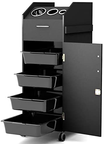Giantex Salon SPA Beauty Rolling Trolley Cart, Storage Organizer with 4 Drawers Lockable, Hairdressing Tool Station Mobile Makeup Cases, Hair Salon Utility Cart w/Hairdryer Holder (Black)