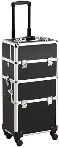 Yaheetech 3 in 1 Cosmetic Rolling Makeup Train Case Large Aluminum Trolley Makeup Travel Case Professional Rolling Cosmetic Beauty Storage, with 360° Swivel Wheels