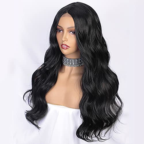 ORSUNCER Long Black Body Wave Wig for Women Middle Part Wig Natural Black Long Wavy Curly Synthetic Heat Resistant Hair Wigs