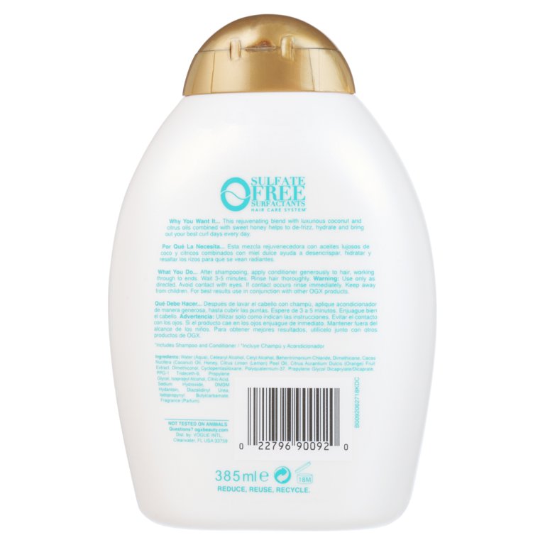 OGX Quenching + Coconut Curls Curl-Defining Conditioner, Nourishing Curly Hair Conditioner with Coconut Oil, Citrus Oil & Honey, Paraben-Free with Sulfate-Free Surfactants, 13 fl.oz