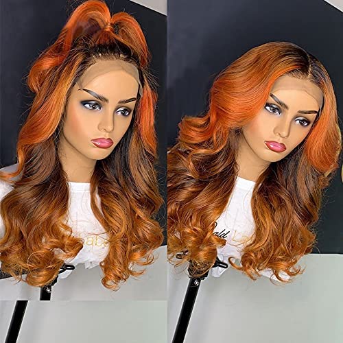 Ginger Highlight Colored 13x4 Transparent Human Hair Wigs for Black Women 150% Honey Blond Orange Ginger Ombre Brazilian Wavy Lace Frontal Wigs Human Hair Pre Plucked with Baby Hair 14-22 Inch Free Part