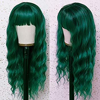 Fureya Wig with Air Bangs for Girl Synthetic Wig Loose Wave Ombre Green Hair with Black Roots Heat Resistant Hair 24 Inch for Daily Cosplay Party