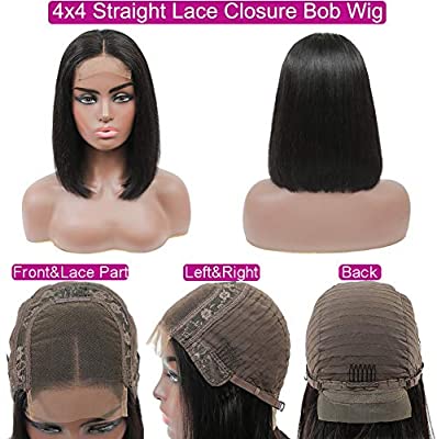 Brazilian Virgin Short Straight Bob Lace Front Wigs Human Hair Pre Plucked with Baby Hair 150% Density 4x4 Short Bob Wigs for Black Women