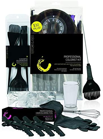 Colortrak Professional Hair Colorist Kit, 4-Pack Croc Clips, Color Beaker, Whisk, Duo Brush, 3-Pack of Brushes, Black Reusable Medium Gloves, Color Bowl, 50-Count Popup Hair Coloring Foil, Storage Box