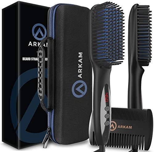 Arkam Deluxe Beard Straightener for Men - Ionic Beard Straightening Comb, Anti-Scald Feature, Hair Straightener for Men, Portable Beard Brush Straightener, Premium Travel Case & Beard Comb Included