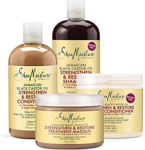 Shea Moisture Strengthen Grow & Restore Combo Bundle, Includes - 16.3 Ounce Jamaican Black Castor Oil Shampoo | 16 Ounce Leave-In Conditioner | 13 Ounce Conditioner | 12 Ounce Treatment Masque