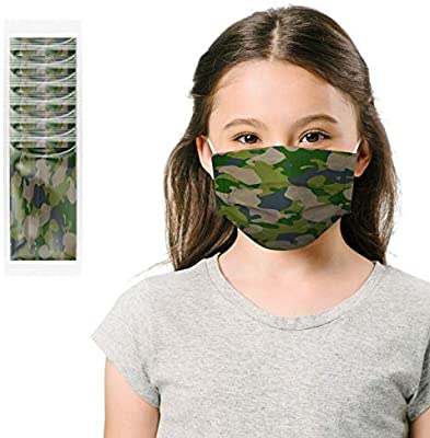 Kids Face Mask Individually Wrapped Disposable Face Mask for Kids Breathable Camo Face Cover for School and Activities, Camo Green, 20PCS