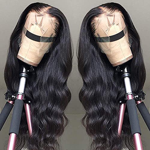 Wingirl 13x4 HD Transparent Lace Front Human Hair Wigs for Women 9A 220% Density Brazilian Body Wave Lace Front Wigs Pre Plucked Hairline with Baby Hair Black Color(16-26, 220% density)