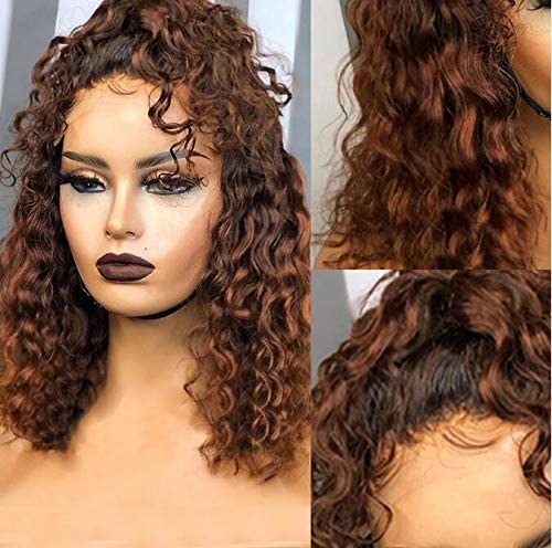 Ombre Color Short Water Wave Bob Wig13x6 Curly HD Lace Front Human Hair Wigs With Baby Hair Plucked Remy Brazilian Lace Bob Wigs 150% Density 1B/30 Color (12-16) Inch)