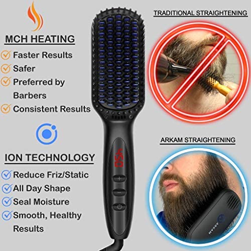 Arkam Deluxe Beard Straightener for Men - Ionic Beard Straightening Comb, Anti-Scald Feature, Hair Straightener for Men, Portable Beard Brush Straightener, Premium Travel Case & Beard Comb Included