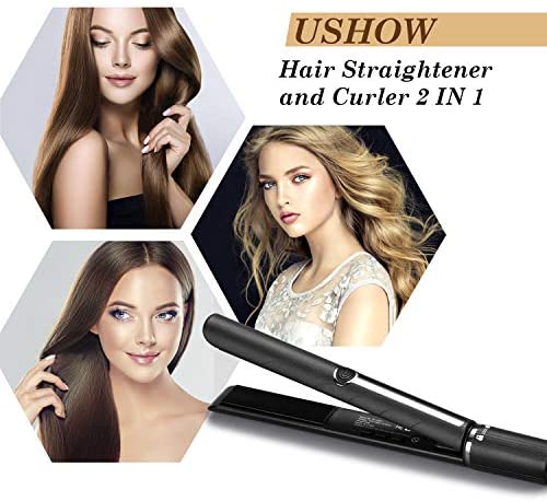 USHOW Professional Salon Hair Straightener and Curler 2 in 1 Curlling Iron Tourmaline Ceramic Flat Iron for Hair Styling with Adjustable Temperature of 230℉-450℉, 1 inch Plate
