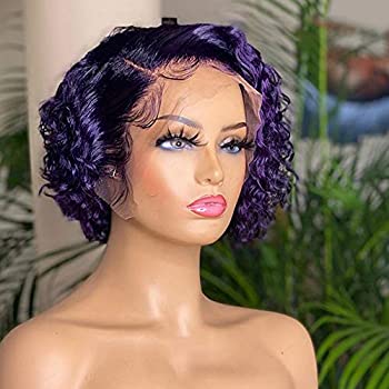 Derun Curly Bob Lace Front Wigs Human Hair 13×6 T Part Lace Short Bob Pixie Cut Wig Purple Remy Hair for Black Women