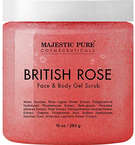 MAJESTIC PURE British Rose Gel Facial and Body Scrub - Gentle Gel Scrub Exfoliates, Hydrates, and Moisturizes Face and Skin - Rejuvenating and Refreshing - 10 oz