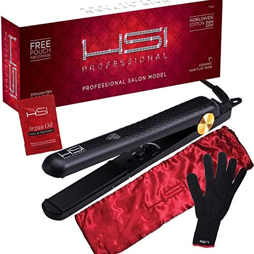HSI Professional Glider | Ceramic Tourmaline Ionic Flat Iron Hair Straightener | Straightens & Curls with Adjustable Temp | Incl Glove, Pouch, & Travel Size Argan Oil Hair Treatment