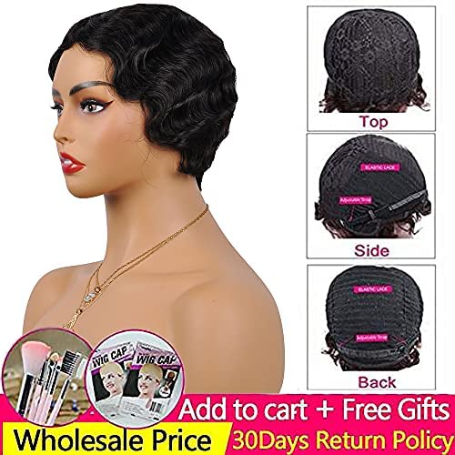 YOLANFAIRY Pixie Cut Wigs For Black Women Short Mommy Wig Brazilian Human Hair Wigs Finger Ocean Wave Wig Remy Human Hair Wig