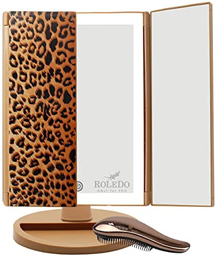 RoLeDo Makeup Mirror with Lights and 3X/2X/1X Magnification, Vanity Mirror 72 LED Trifold, Touch Screen, 3 Color Lighting, Portable Lighted Cosmetic Mirror, Gift for Women – Leopard Print