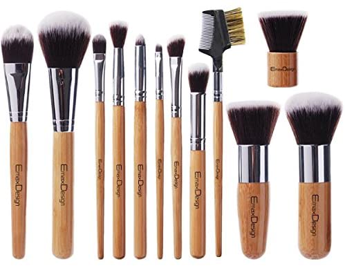 EmaxDesign 12 Pieces Makeup Brush Set Professional Bamboo Handle Premium Synthetic Kabuki Foundation Blending Blush Concealer Eye Face Liquid Powder Cream Cosmetics Brushes Kit With Bag