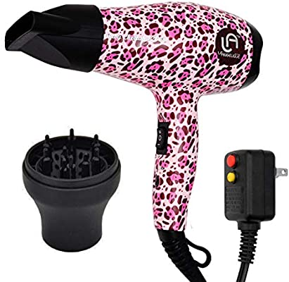 Le Angelique Bison Mini Hair Dryer - 1200W Super Strong - Travel Blow Dryer with Diffuser And Concentrator | Small Kids Size (Pink Cheetah)