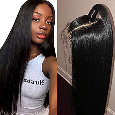 Muokass 4x4 Lace Front Wigs Straight Hair Brazilian Virgin Human Hair Lace Closure Wigs For Black Women 150% Density Pre Plucked With Elastic Bands Natural Color (18-28 inch, straight wig)