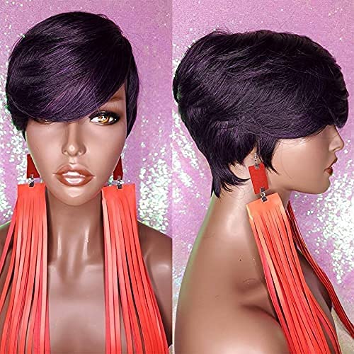 PangDongLai Pixie Cut Wig mix 1B/purple color Brazilian Virgin Human Hair wig with Bangs Short Pixie Hairstyles Pixie Haircut Wigs Short Human Hair Wigs  (E-STYLE, Mix 1B/Purple)