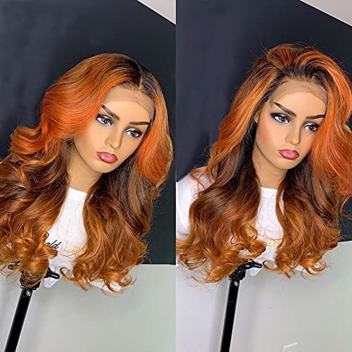 Ginger Highlight Colored 13x4 Transparent Human Hair Wigs for Black Women 150% Honey Blond Orange Ginger Ombre Brazilian Wavy Lace Frontal Wigs Human Hair Pre Plucked with Baby Hair 14-22 Inch Free Part