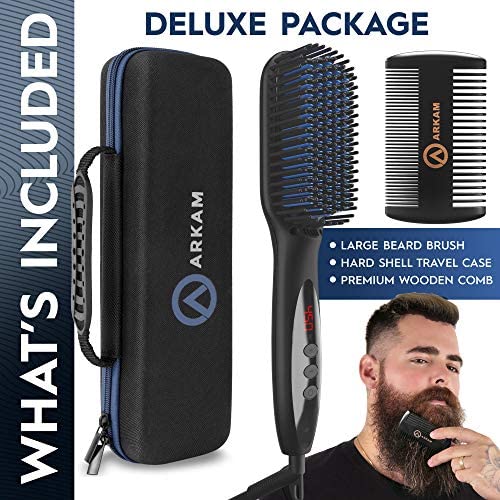 Arkam Deluxe Beard Straightener for Men - Ionic Beard Straightening Comb, Anti-Scald Feature, Hair Straightener for Men, Portable Beard Brush Straightener, Premium Travel Case & Beard Comb Included