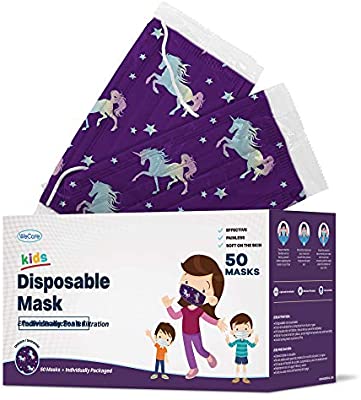 WeCare Kids Face Mask Disposable - 50 Pack - Individually Wrapped - Adorable Unicorn for Girls and Boys - Soft on Skin, 3 Ply - 5.7" x 3.7" Children's Size - Back to School Ready!