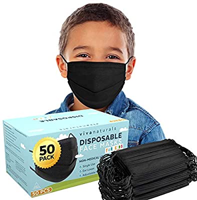 Face Masks for Kids (50 Pack) - Kids Face Mask, Premium Designed Kids Mask with Longer Earloops & Adjustable Metal Nose Strip, Disposable Black Face Mask