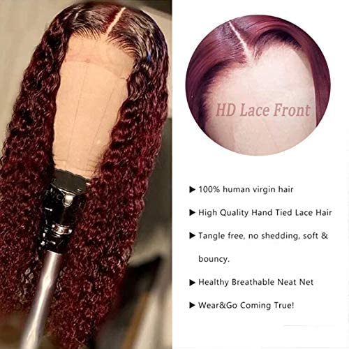 Imeya 16-24 Inch Burgundy Lace Front Wigs Human Hair Pre Plucked Natural Hairline with Baby Hair Wet and Wavy Curly Burgundy Deep Wave Wig 13x6 HD Transparent Lace Human Hair Wigs 150% Density