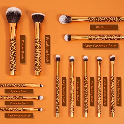 Docolor Makeup Brushes Leopard 12 Pieces Professional Makeup Brush Set Premium Synthetic Brushes Set Kabuki Foundation Blending Brush Face Powder Blush Concealers Eye Shadows Make Up Brushes Kit