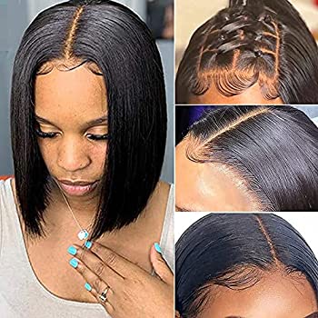 Short Bob Wigs Human Hair for Black Women 4x4 Glueless Straight Lace Front Closure Wig Human Hair Pre plucked with Baby Hair 12 Inches Brazilian Remy Hair Natural Color Larima Hair