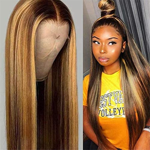 T Part Lace Front Wig Pre Plucked Straight Honey Blond Ombre Color Highlight 13X4X1 Lace Front Brazilian Virgin Human Hair Wigs with Baby Hair for Women 150% Density 8-28 Inch