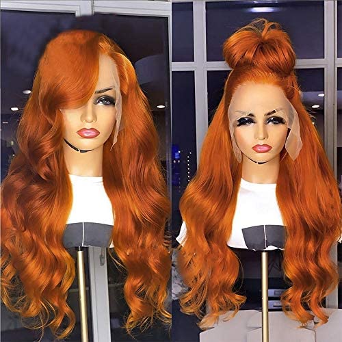 Glueless Orange Colored Human Hair Lace Front Wigs Body Wave Pre Plucked Brazilian Remy Hair Lace Frontal Ginger Wig for Black Women (Lace Front Wig, 16-24 Inch)