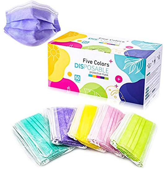 Colored Face Mask, Funny Cute Face Mask with Nose Wire, Breathable Comfortable Masks, Designer Face Mask Pink Purple Yellow Green Blue Colorful Masks for Women Men Adult Youth, 50 Pcs