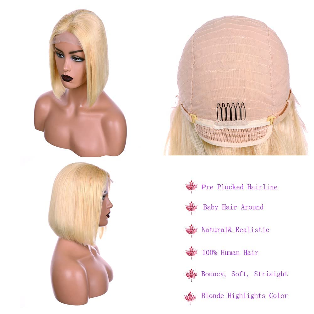 Blonde Bob Wigs Human Hair Front Lace Wigs for Black Women 10 Inch 613 13x4x1 Short Bob Wigs Brazilian Virgin Hair Pre Plucked Natural Hairline with Baby Hair