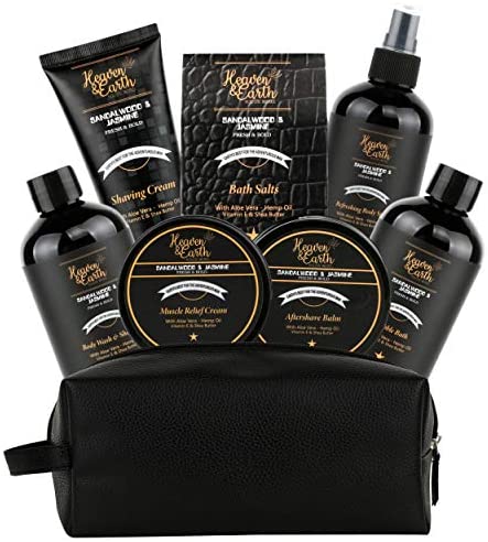 Mens Spa Gift Baskets. Natural Bath & Body Gift Basket for Men. Toiletry Bag Skincare, Shaving & Bath Spa Basket for Men.