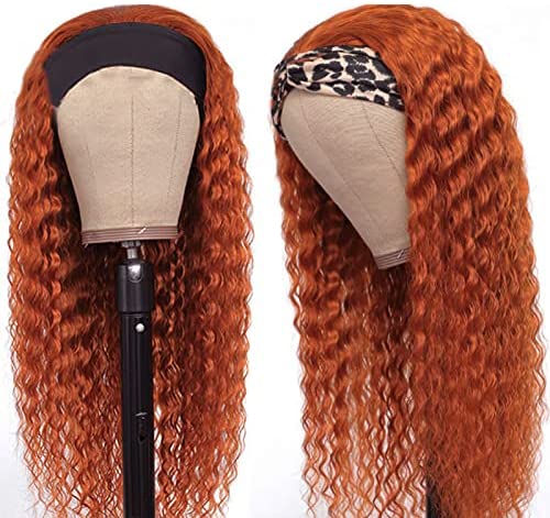 Curly Headband Wig Human Hair, Colored Deep Wave Human Hair Wig with Headband Attached Orange Ginger Brazilian Real Remy Hair Half Wigs for Black Women 12 Inch 150% Density