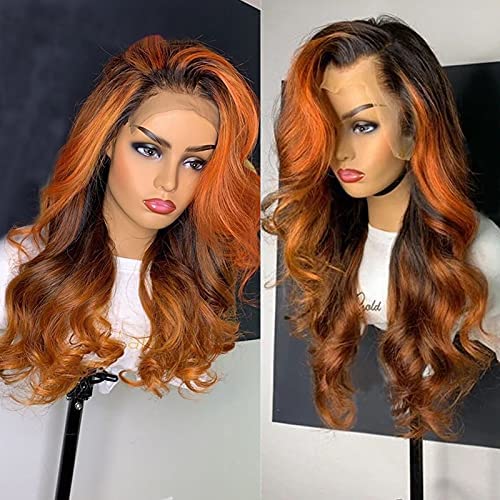 Ginger Highlight Colored 13x4 Transparent Human Hair Wigs for Black Women 150% Honey Blond Orange Ginger Ombre Brazilian Wavy Lace Frontal Wigs Human Hair Pre Plucked with Baby Hair 14-22 Inch Free Part