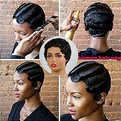 YOLANFAIRY Pixie Cut Wigs For Black Women Short Mommy Wig Brazilian Human Hair Wigs Finger Ocean Wave Wig Remy Human Hair Wig