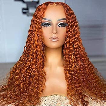 Dolahair Orange Ginger Color Lace Front Wig Human Hair 13X4 Curly Transparent Lace Frontal Wig middle part wig 150 Density (20 Inch)