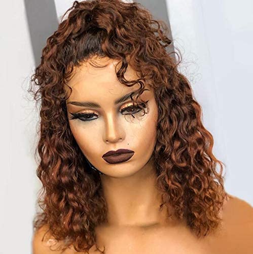 Ombre Color Short Water Wave Bob Wig13x6 Curly HD Lace Front Human Hair Wigs With Baby Hair Plucked Remy Brazilian Lace Bob Wigs 150% Density 1B/30 Color (12-16) Inch)