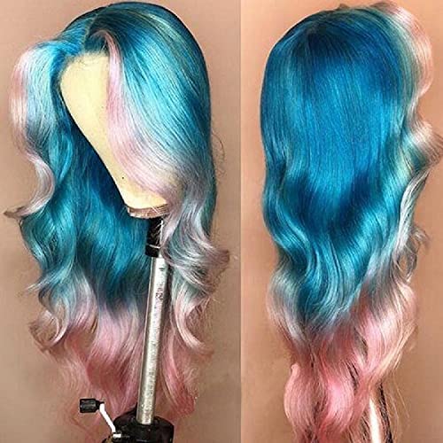 Body Wave HD Lace Front Wig Pre Plucked 150% Density Ombre Blue Colored Pink Rainbow Human Hair Wig 13x4 Lace Front Wigs with Baby Hair Glueless Brazilian Colored Wigs For Women