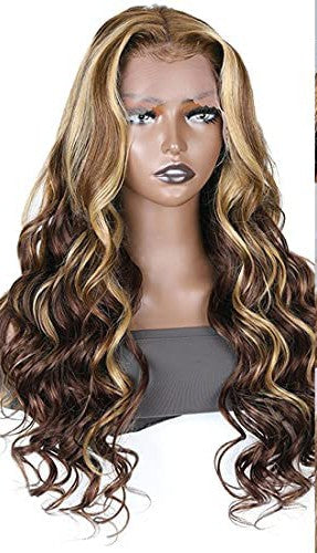 Beauty Forever #TL412 Highlight Blonde Body Wave T Part Lace Front Wig Human Hair Wigs For Black Women, 20 Inch Brown Piano Color 13X5X0.5 Lace Part Wig 150% Density