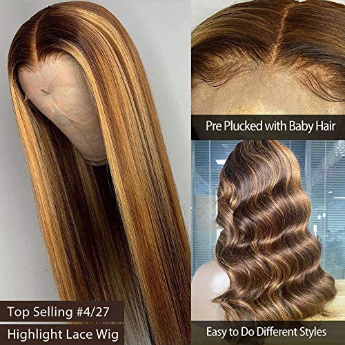 Highlight Lace Front Wig Human Hair Brazilian Human Remy Straight Hair Wig 4/27 Ombre Colored 13*4 Lace Highlight wig human hair lace front Pre Plucked Bleached Knots with Baby Hair for Black Women 150% Density