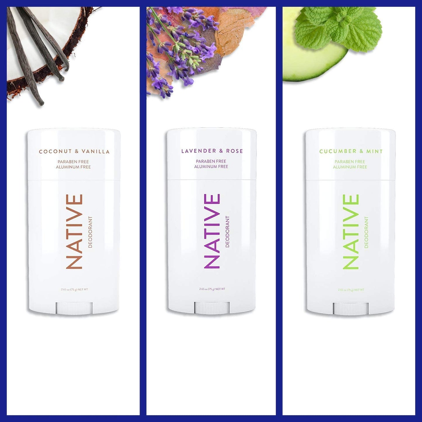 Native Deodorant | Natural Deodorant for Women and Men, Aluminum Free with Baking Soda, Probiotics, Coconut Oil and Shea Butter | Coconut & Vanilla, Lavender & Rose, Cucumber & Mint - Variety Pack of 3