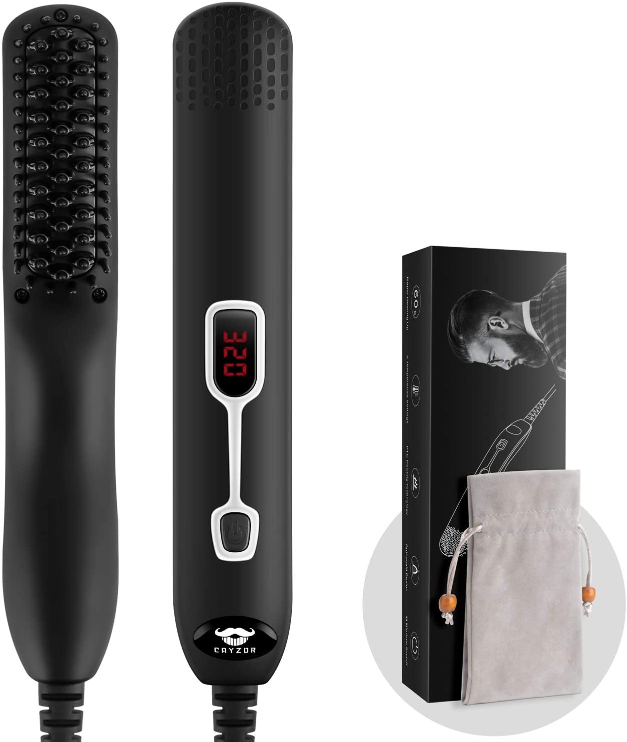 Cayzor Beard Straightener Comb for Men - Upgraded Professional Electric Mens Beard Straightening Heated Brush Portable Anti-Scald 5 Adjustable Temperatures & LCD Display with Carrying Bag