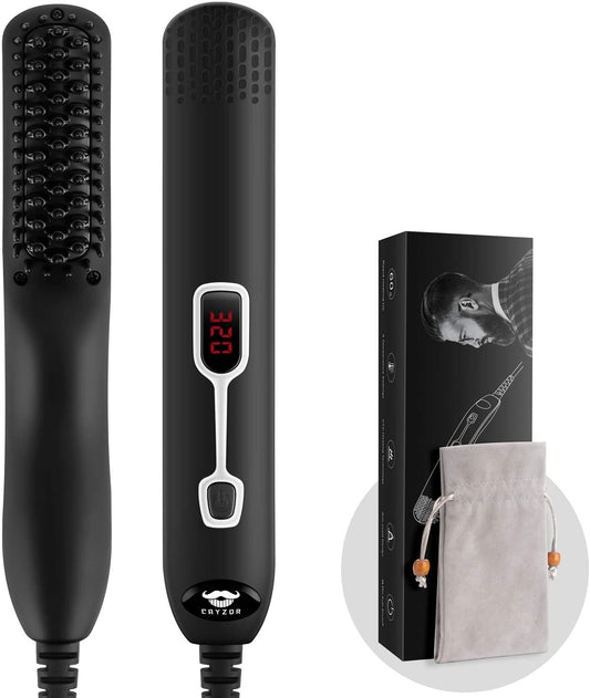 Cayzor Beard Straightener Comb for Men - Upgraded Professional Electric Mens Beard Straightening Heated Brush Portable Anti-Scald 5 Adjustable Temperatures & LCD Display with Carrying Bag