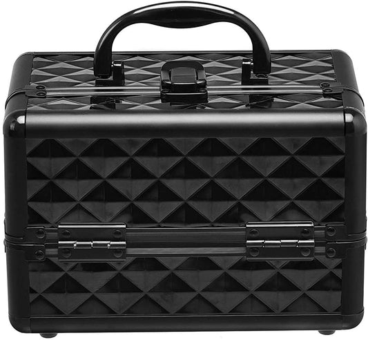 Moccha Mini Makeup Box, Portable Cosmetics Train Case with a Handle & Lockable Key, Practical Travelling Storage Box with 2-Tier Trays & Mirror, for Home Makeup Jewelry Storage